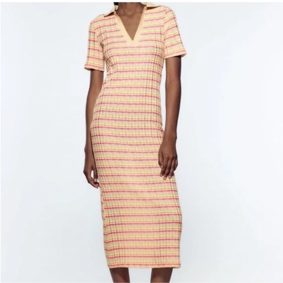 NWOT Zara Striped Ribbed Knit Polo Collar Midi Dress S - Picture 1 of 9